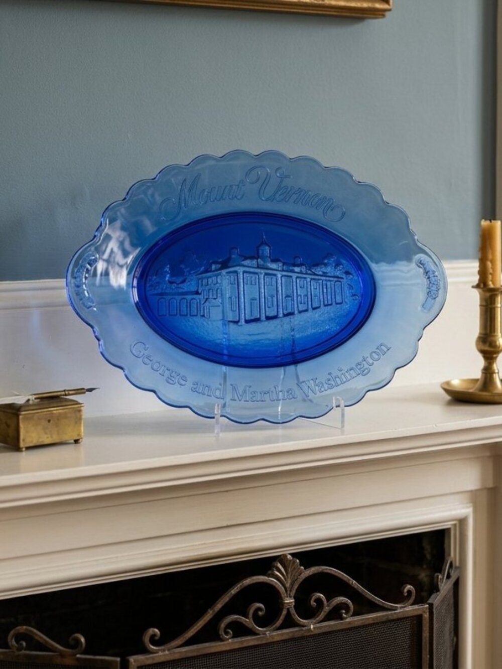 Avon Mt Vernon George & Martha Washington Fostoria Cobalt Blue Oval Plate